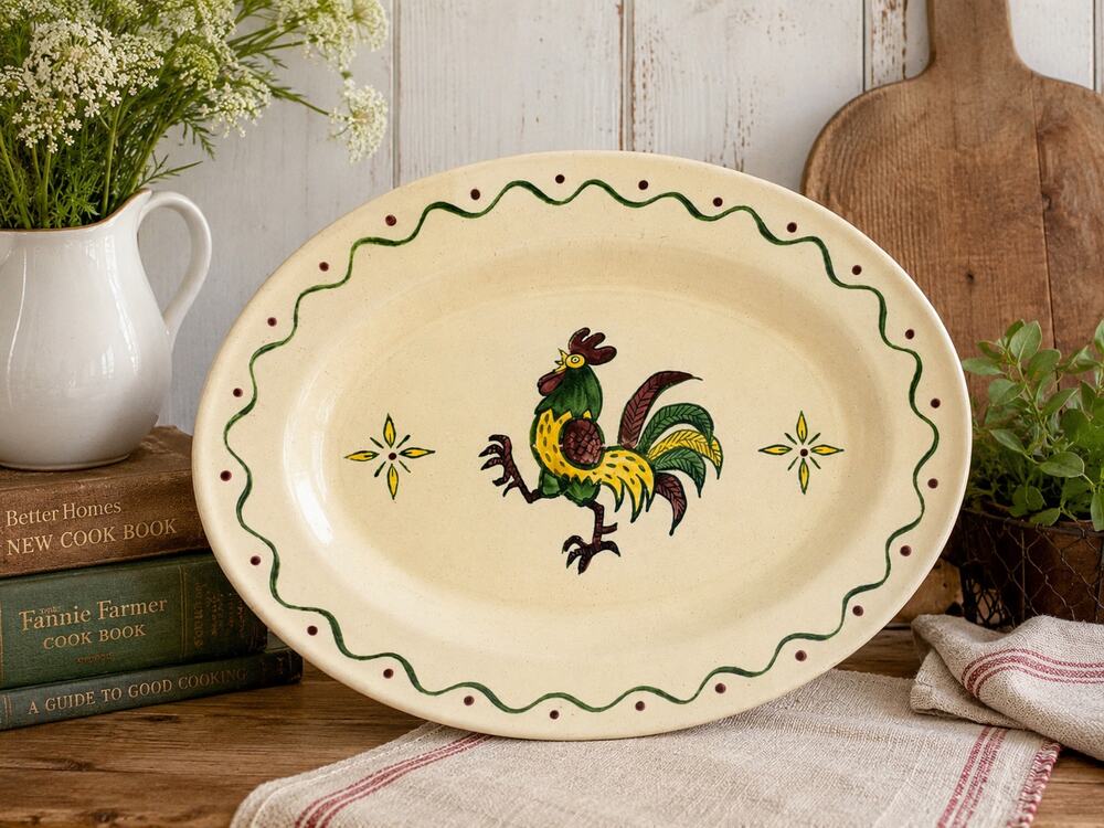 Vintage Metlox Poppytrail Green Rooster Oval Platter 13.5"
